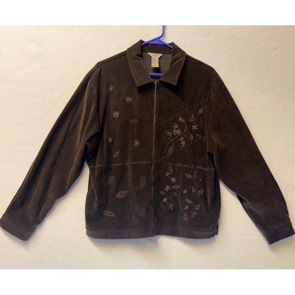 Teddi Embroidered Brown Jacket XL Polyester Spandex Zip-Up Floral Decorations